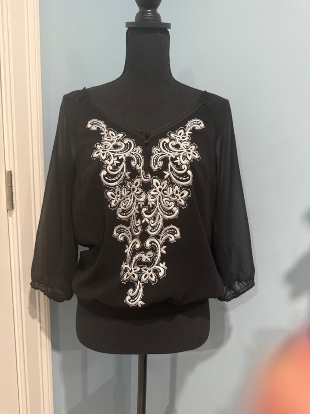 White House Black Market Black Blouse with White Embroidered Front